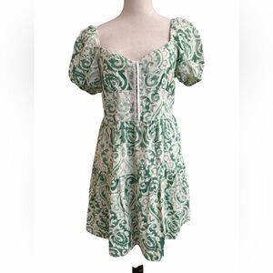 House of Harlow 1960 Green and Cream Puff Sleeve Mini Dress